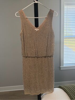 Cache Sparkle Beaded Nude Cocktail Dress